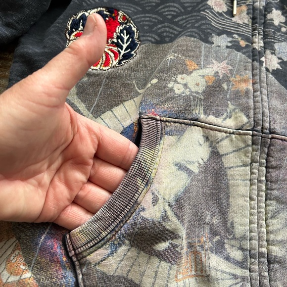 Y2K Rare Vintage Lucky Brand Asian Art Geisha Zip Up Hoodie Embroidered EUC Lg - Picture 7 of 16